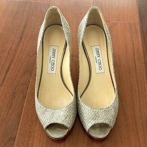 Jimmy Choo Champagne Glitter Peep Toe - Size 36.5